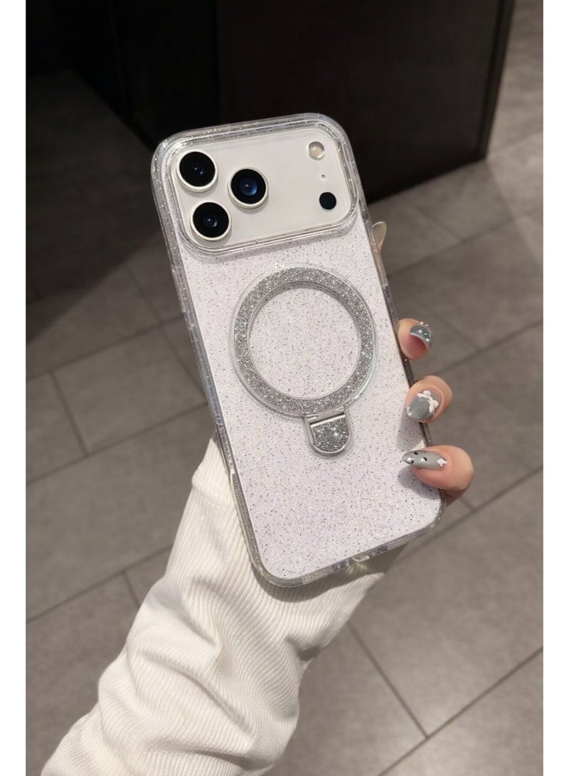 iPhone 17 Pro Clear Magnetic Case with Ring Stand, Wireless Charging Compatible, 5G Signal Safe, Slim Transparent Glitter  Cover - Image 1